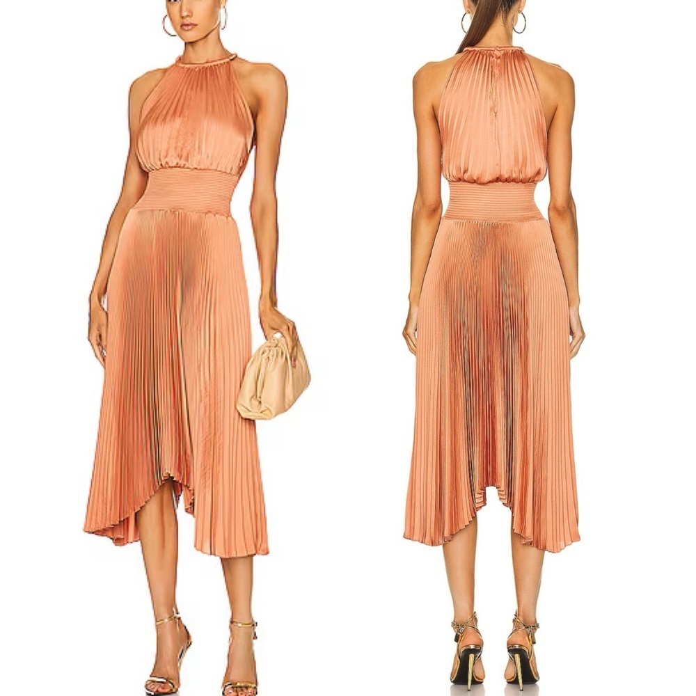 A.L.C. Renzo II Pleated Midi Dress Burnt Terracotta 10 Satin party wedding